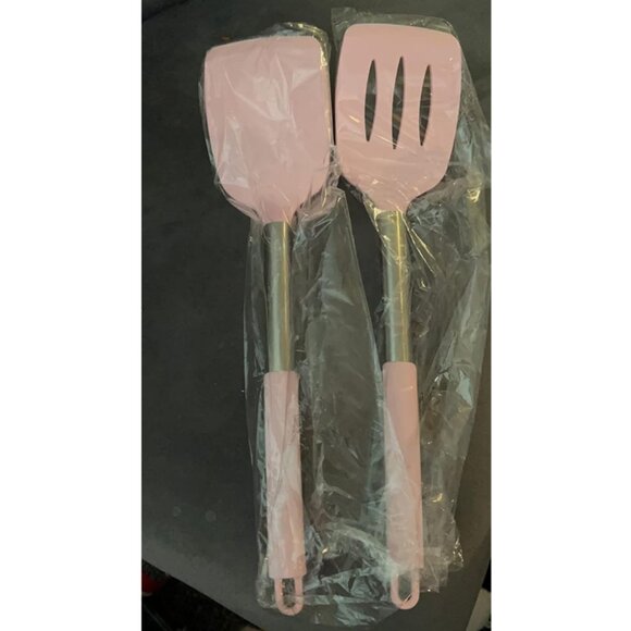 Pack of 2 Silicone Cooking Spatula Non Stick Slotted with Wooden Handle - Picture 1 of 9